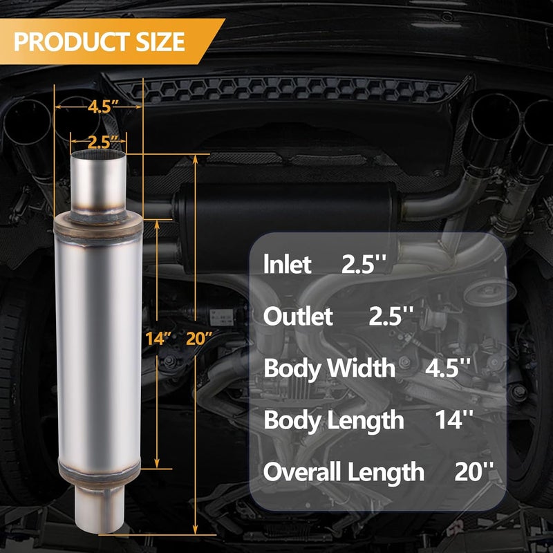 Piclafe 2.5 Inch Exhaust Muffler, 2.5" Inlet/Outlet 20" Overall Length Resonator, Stainless Steel Straight Through Design Performance Muffler, 1 PC - Image 2